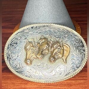 Vintage Sterling Silver Triple Horse Head Belt Buckle Brass Accents Western
